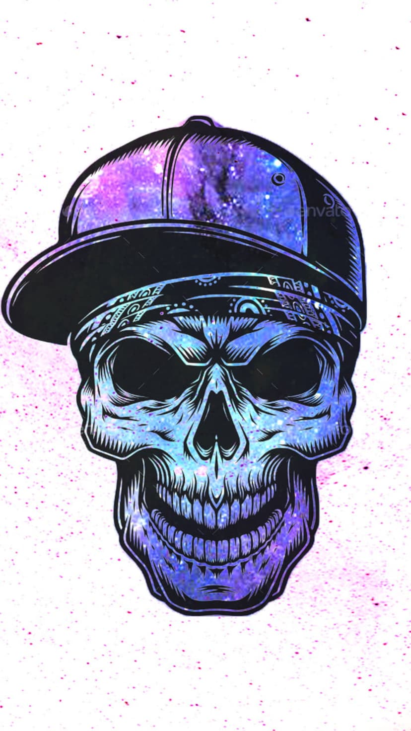 Grinning skull with galaxy-textured bone wearing a star-patterned baseball cap and bandana on a white background.