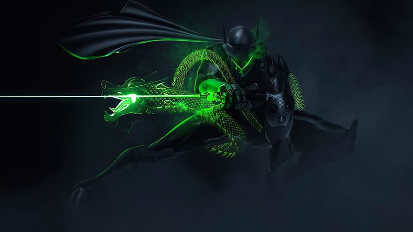 Cyborg ninja in black armor wielding a glowing green katana with a spectral dragon coiling around his body.