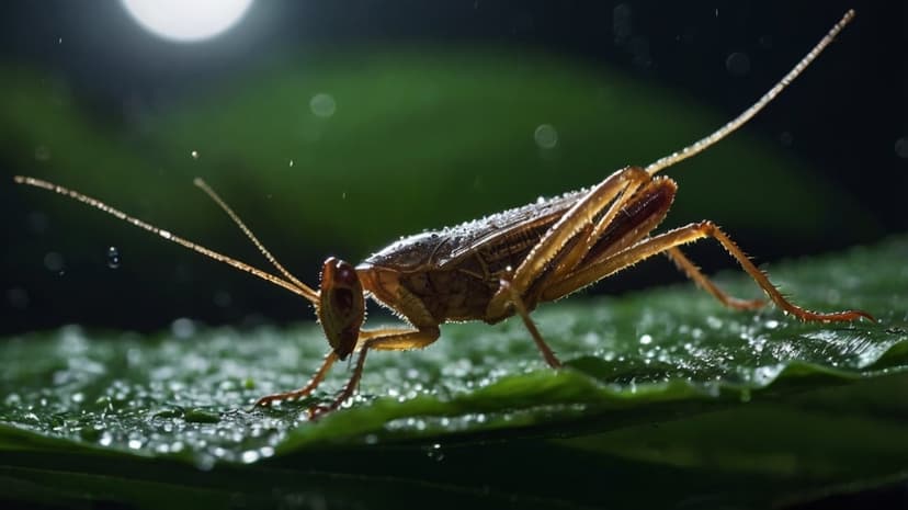 Grasshopper with translucent green limbs perches on a leaf covered in spherical water droplets against a dark background.