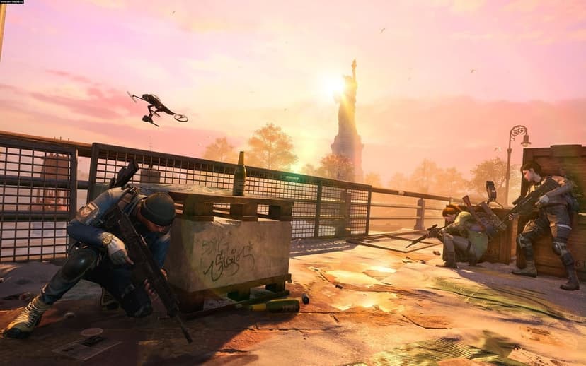 Three tactical agents in combat gear crouch behind cover at a pier overlooking the Statue of Liberty at sunset.