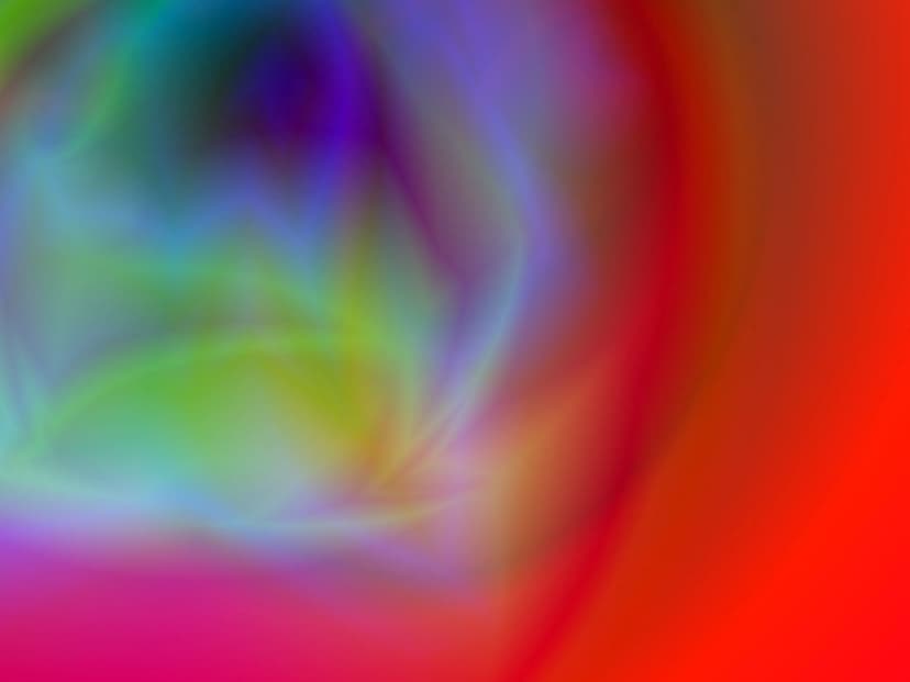 Glowing green and blue fluid swirls intersect over a dark red background with soft, luminous light effects.