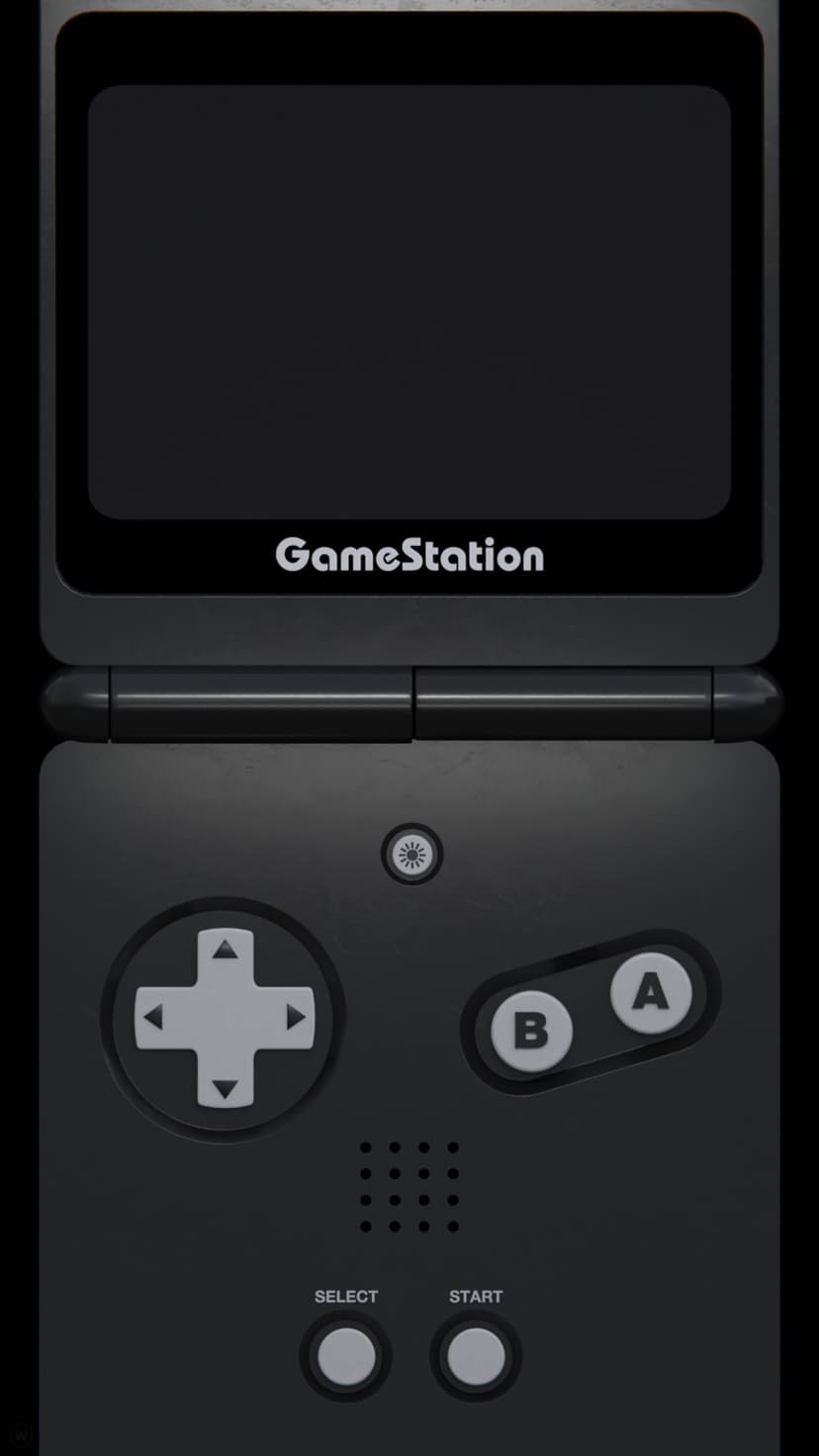 Black handheld gaming console with a matte finish, large screen, D-pad, and circular AB buttons.