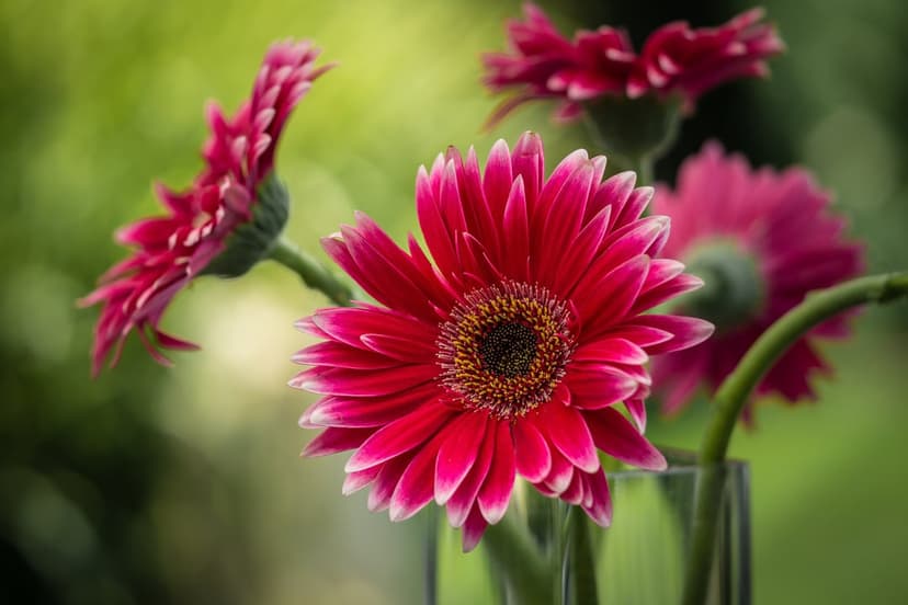 Pink Gerbera daisies with dark centers inside a glass vase against a soft-focus green garden background.