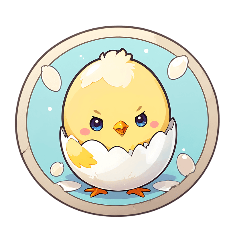 Hatching yellow chick with fluffy down texture and blue eyes emerging from a cracked egg inside a round frame.