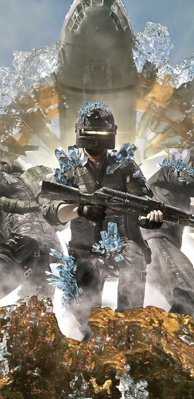 Tactical soldiers holding assault rifles with ice crystals on their gear stand near golden rocks and splashing water.