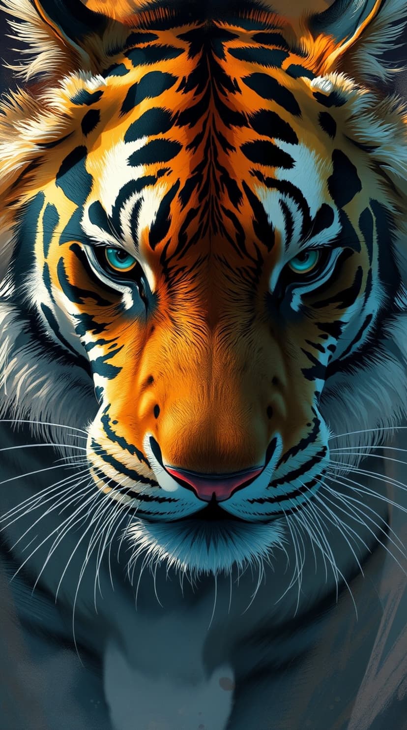 Bengal tiger face with bright blue eyes, detailed orange fur, black stripes, and long white whiskers in a close-up.