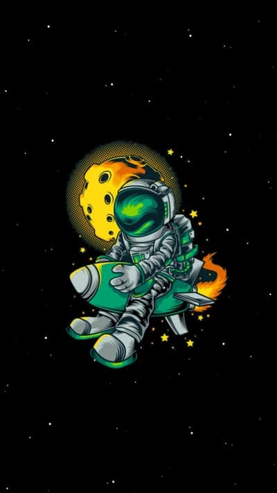 Astronaut rides rocket past meteor in starry space