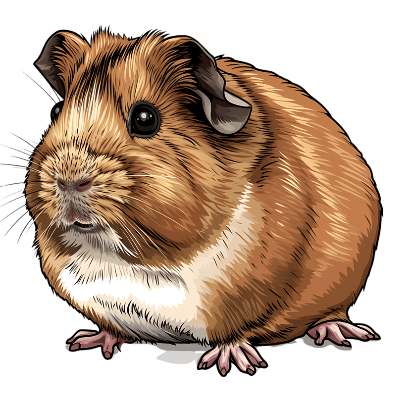 Guinea pig digital illustration features detailed brown and white fur with tiny pink feet on a black backdrop.