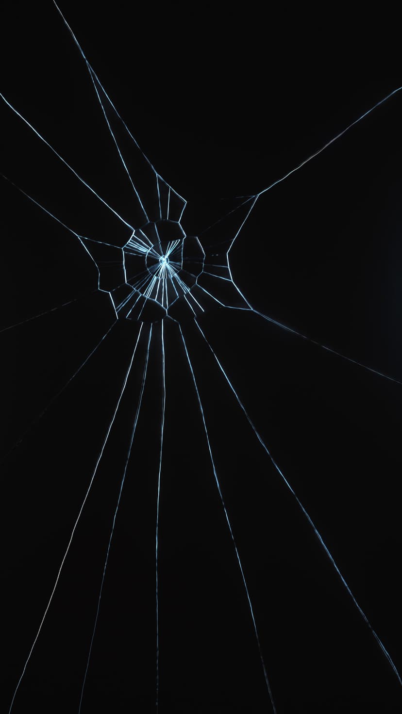 White spiderweb fractures radiate from a central impact point on a solid black glass surface in high contrast.