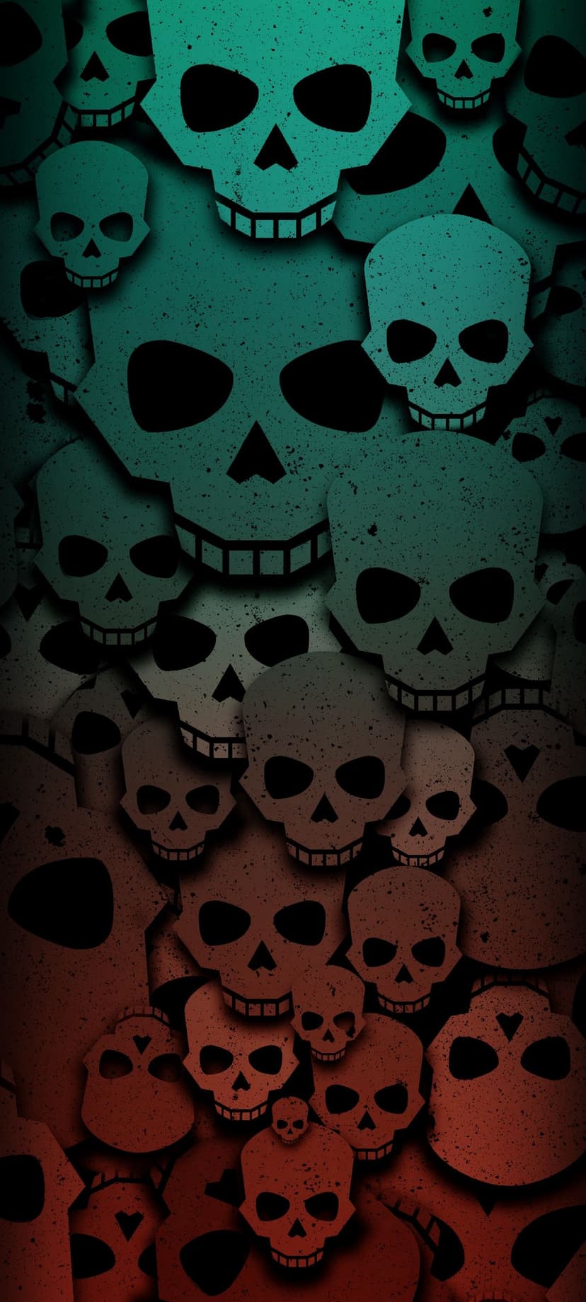 Stylized skulls with hollow eyes form a dense pattern transitioning from teal to red with a grainy texture.
