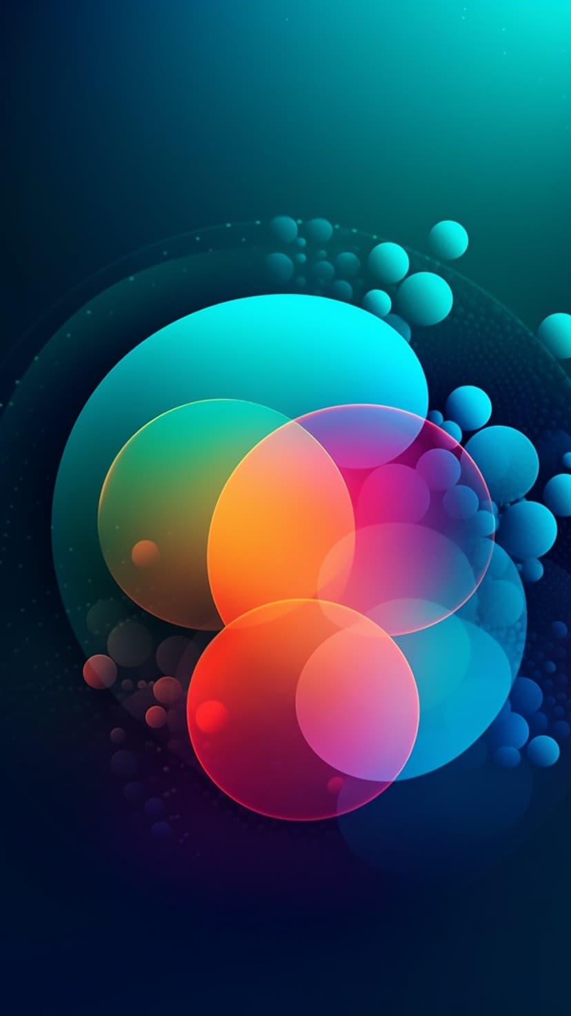 Overlapping translucent bubbles in teal and orange hues glow against a dark blue background with subtle textures.
