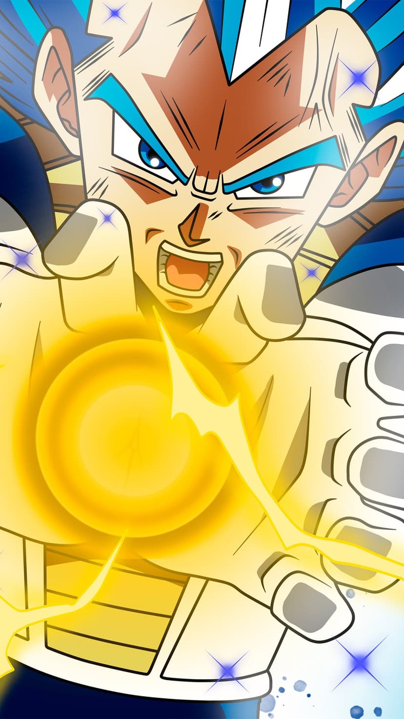 Vegeta in Super Saiyan Blue form charging a bright yellow energy sphere between his hands with intense focus.