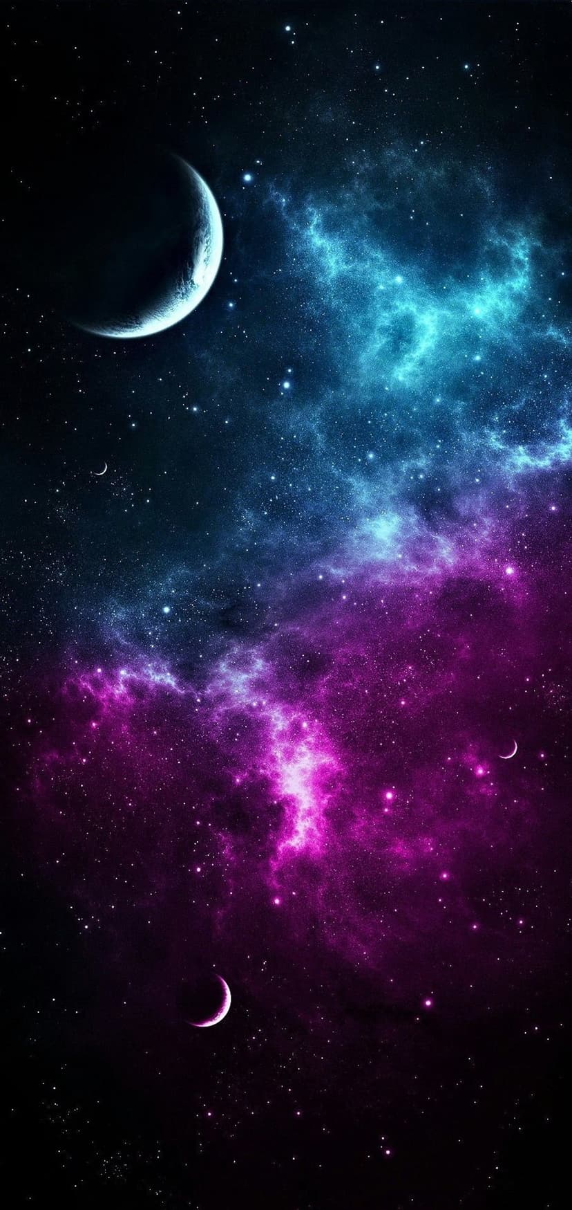 Slender crescent moon sits between teal and magenta gas clouds with scattered stars in a deep space environment.