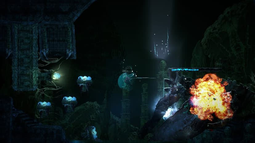 Intense boss fight in a dark cavern with a massive fiery explosion against ancient stone ruins and blue crystals.