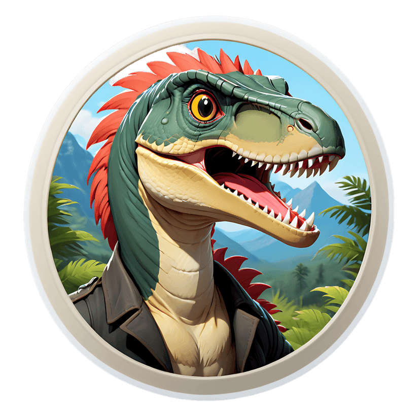 Green raptor dinosaur wearing a black leather jacket in a jungle setting with palms and mountain peaks behind.