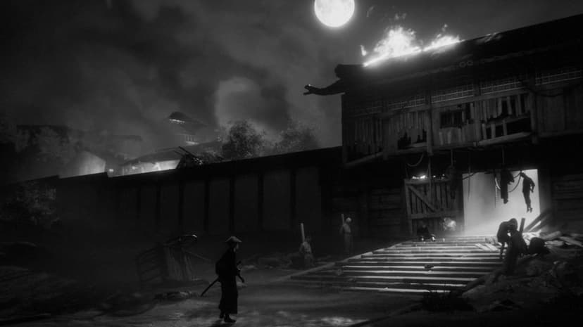 Samurai walking toward a burning wooden gate under a full moon in a cinematic black and white night scene with smoke.