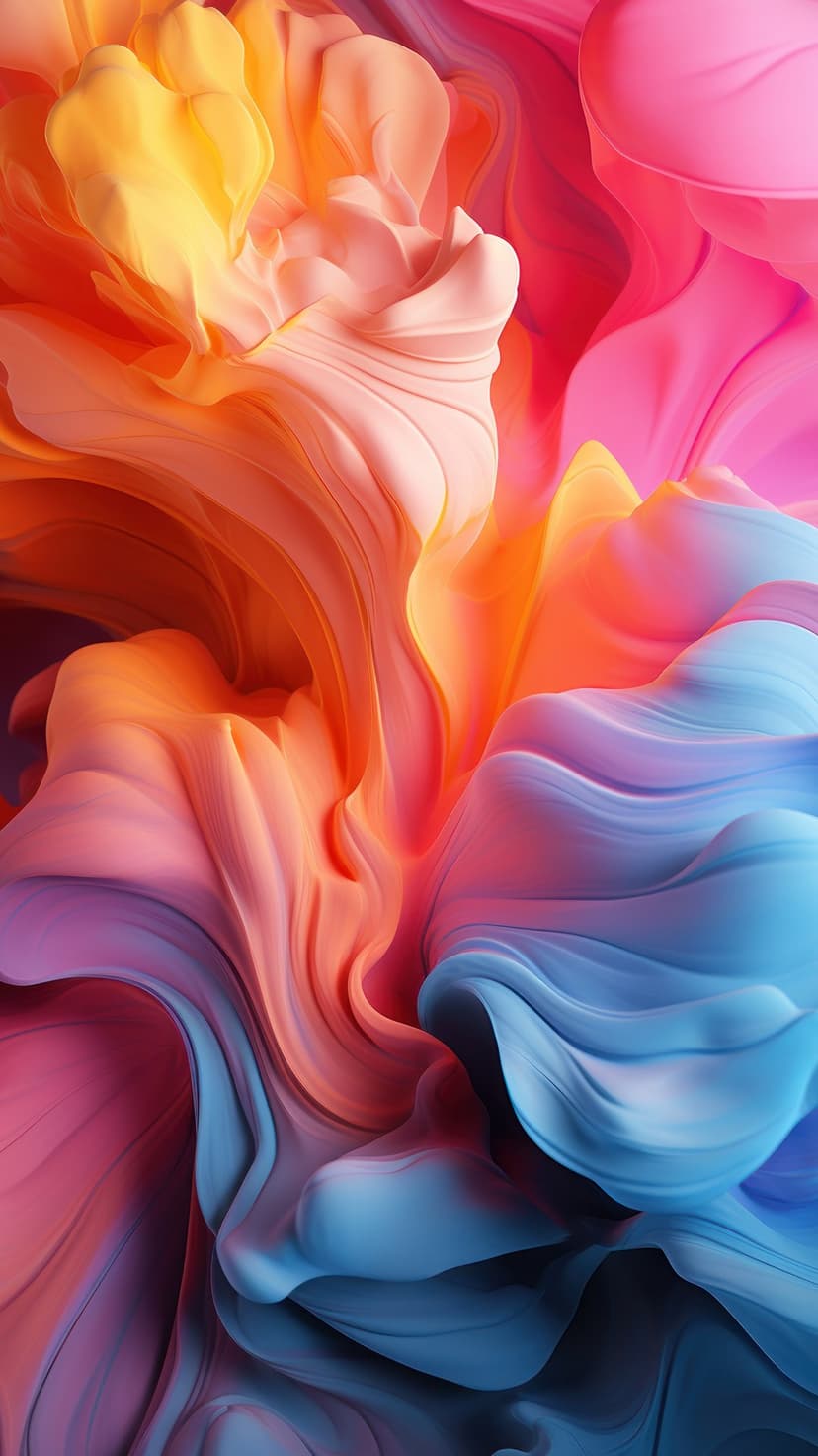 Interlocking waves of orange, pink, and blue liquid forms flowing in a vertical, high-contrast composition.