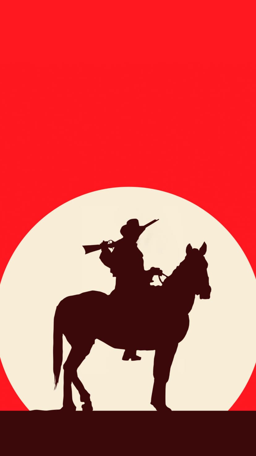 Silhouette of a cowboy riding a horse with a rifle against a large white sun and solid red sky background.