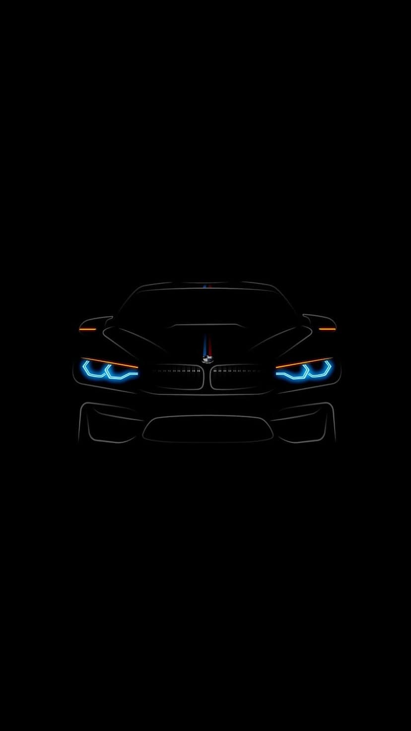 BMW M car outline with glowing blue LED headlights and orange markers against a solid black background.