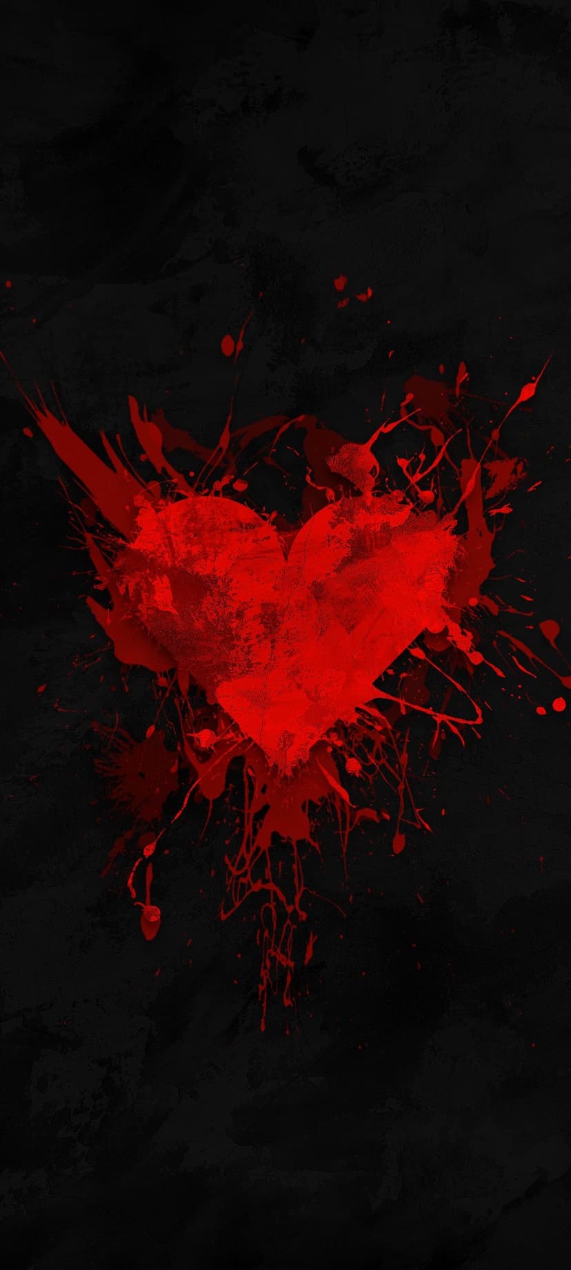 Red splattered heart with dripping paint and rough brush strokes centered on a dark textured grunge background.