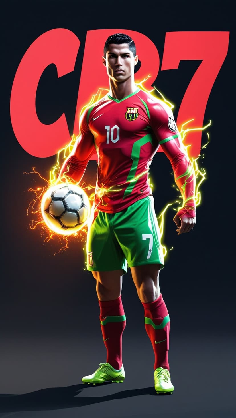 Cristiano Ronaldo in a red and green kit holds a glowing soccer ball surrounded by yellow lightning bolts.