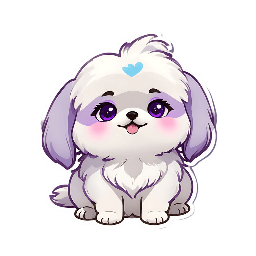 White puppy sticker illustration features large purple eyes, pink blush, floppy lavender ears, and a blue heart.