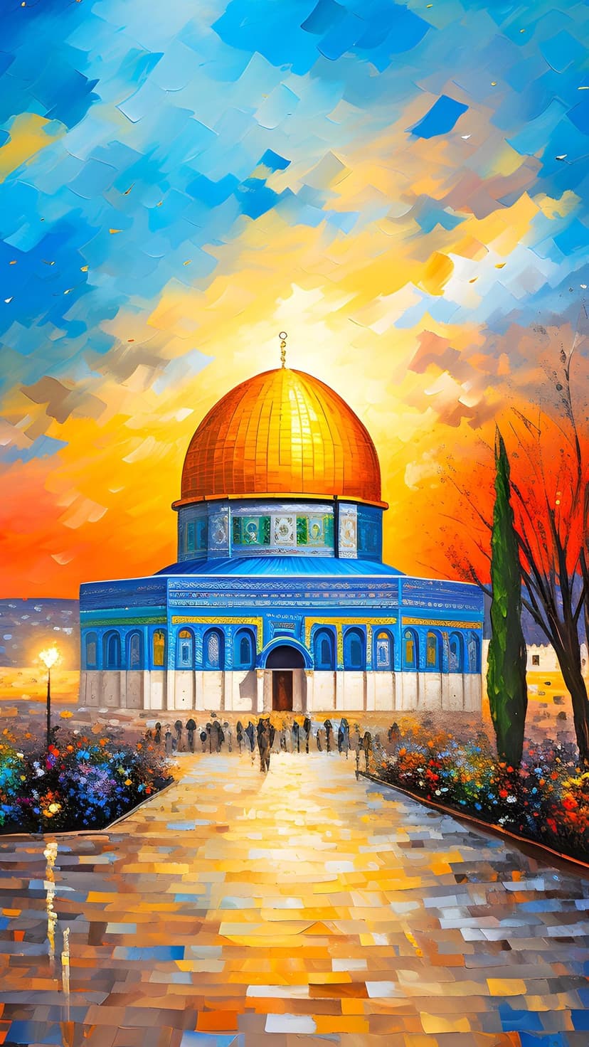 Golden Dome of the Rock stands amidst colorful flowers under a vibrant orange and blue sunset sky with silhouettes.