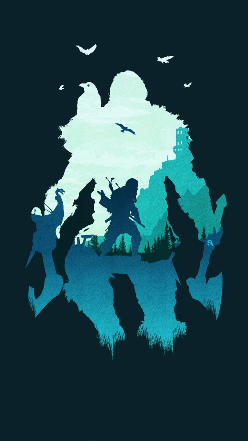 Large mythical guardian silhouette containing a mountain forest with a lone human and soaring birds in teal.