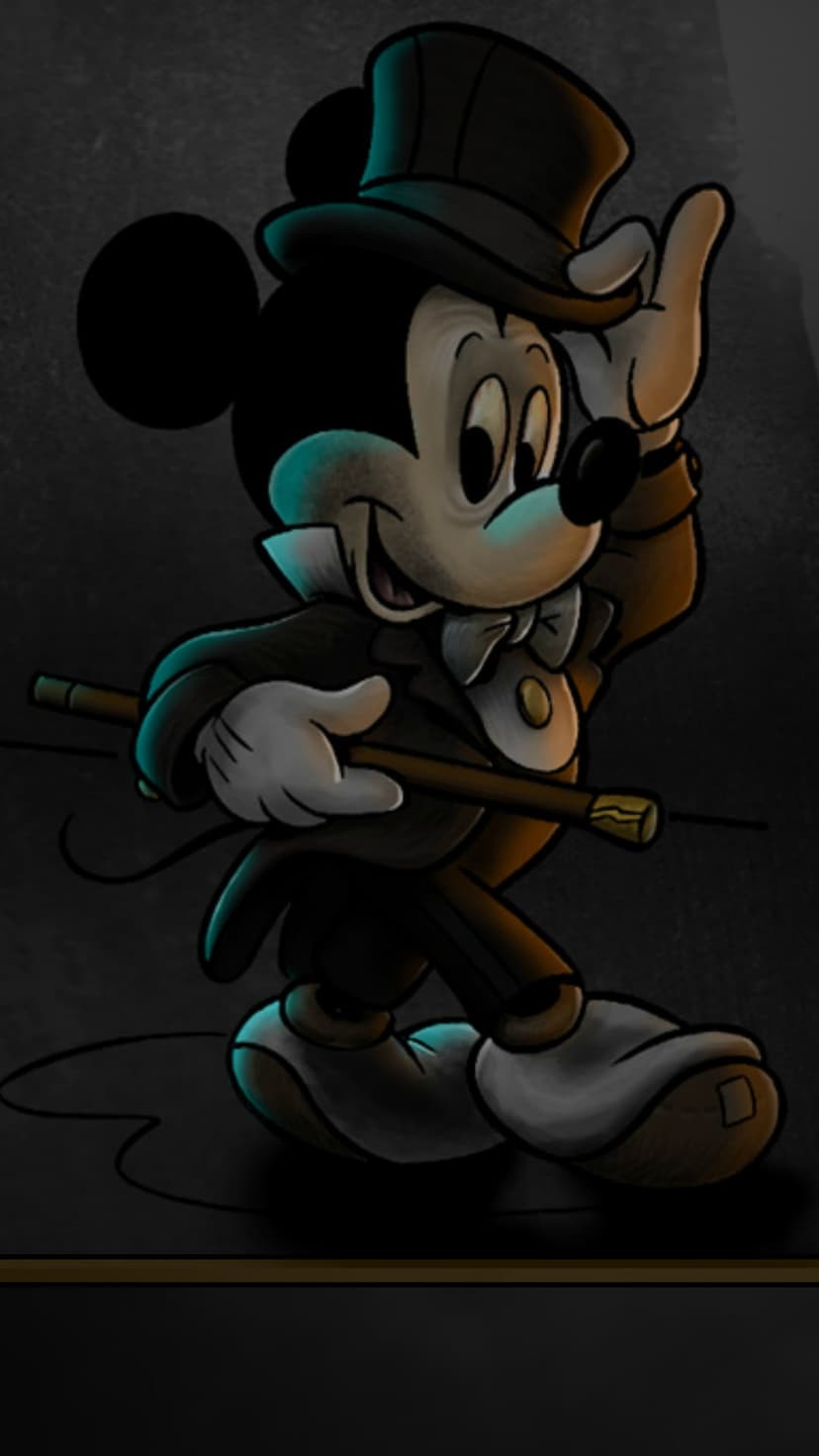 Mickey Mouse wearing a tuxedo, top hat, and holding a cane against a dark background with dramatic spotlighting.
