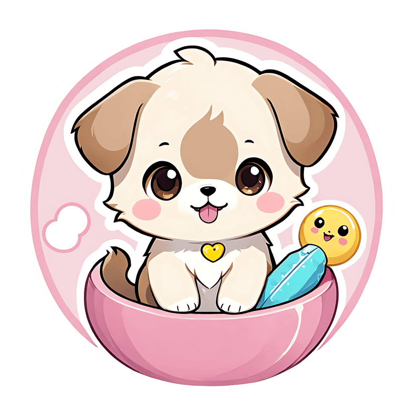 Pink puppy vector clipart sits inside a magenta bowl with a yellow heart collar and blue feather.