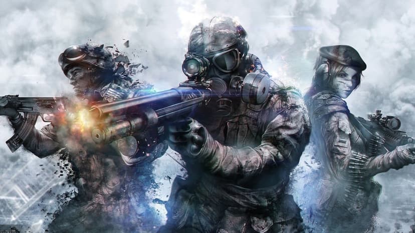 Three tactical soldiers in combat gear amidst thick smoke and muzzle flashes in a gritty battlefield scene.