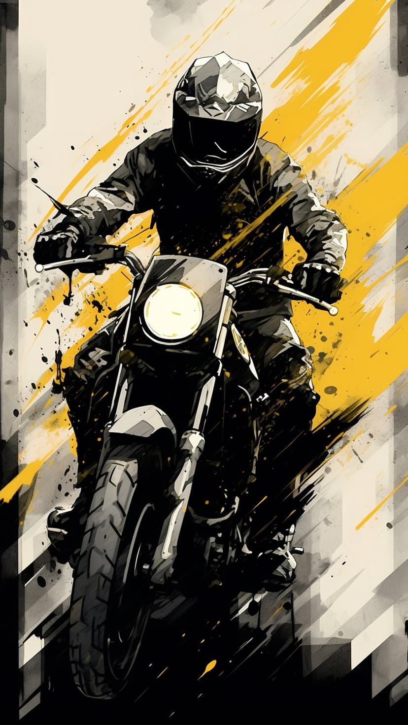 Motorcycle rider wearing a full-face helmet leans forward through aggressive yellow and black paint splashes.