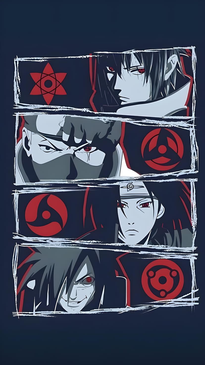 Sasuke Uchiha and Madara display glowing red Mangekyo Sharingan eyes against a dark and atmospheric background.