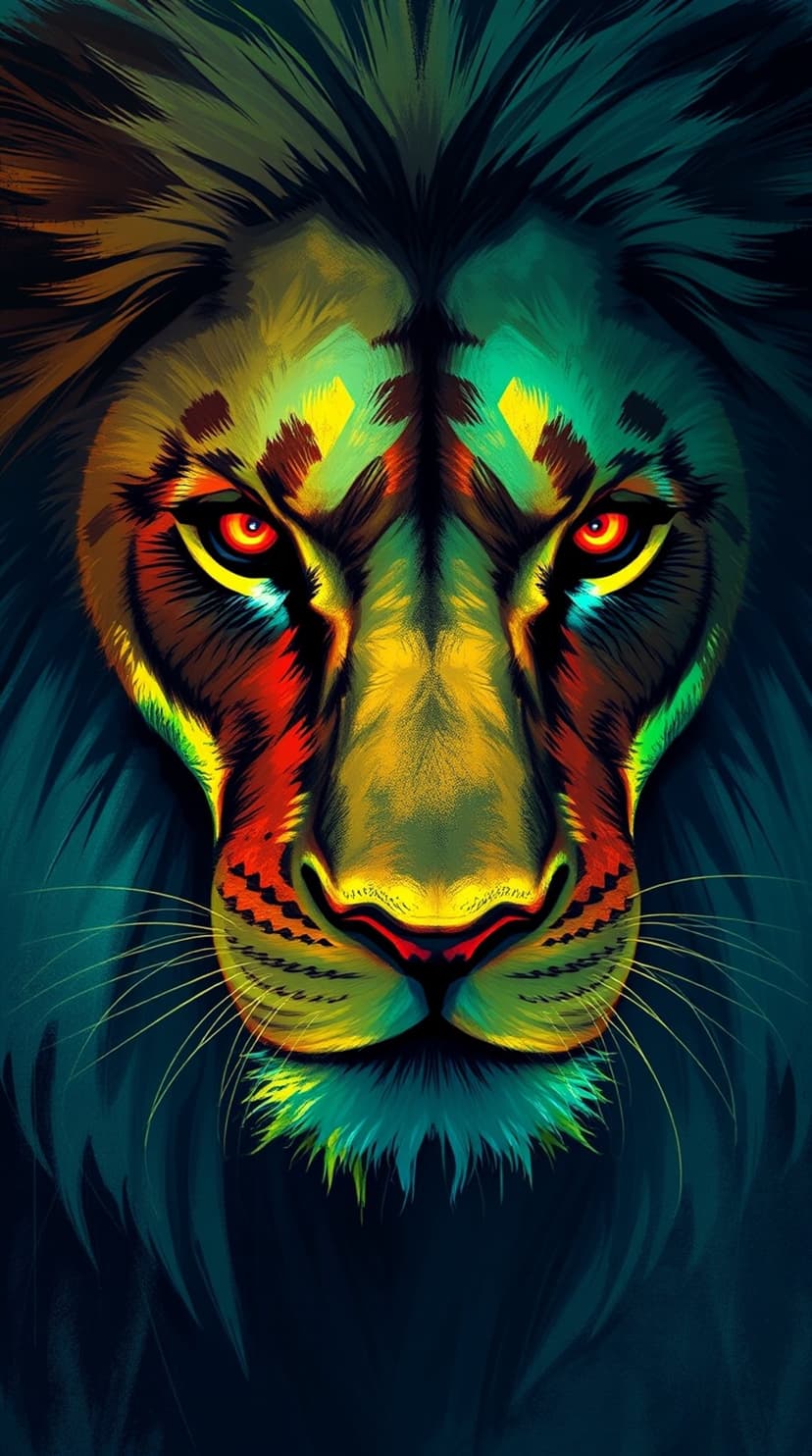 Lion face with glowing amber eyes and multicolored strokes of red, yellow, and green on a dark textured base.
