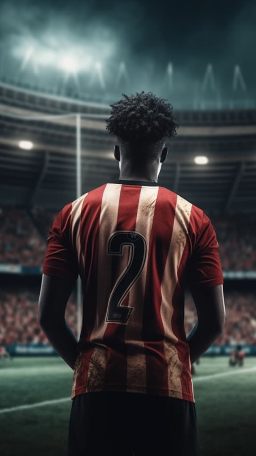 Football player in a red and white jersey seen from behind under glowing stadium floodlights at a night game.