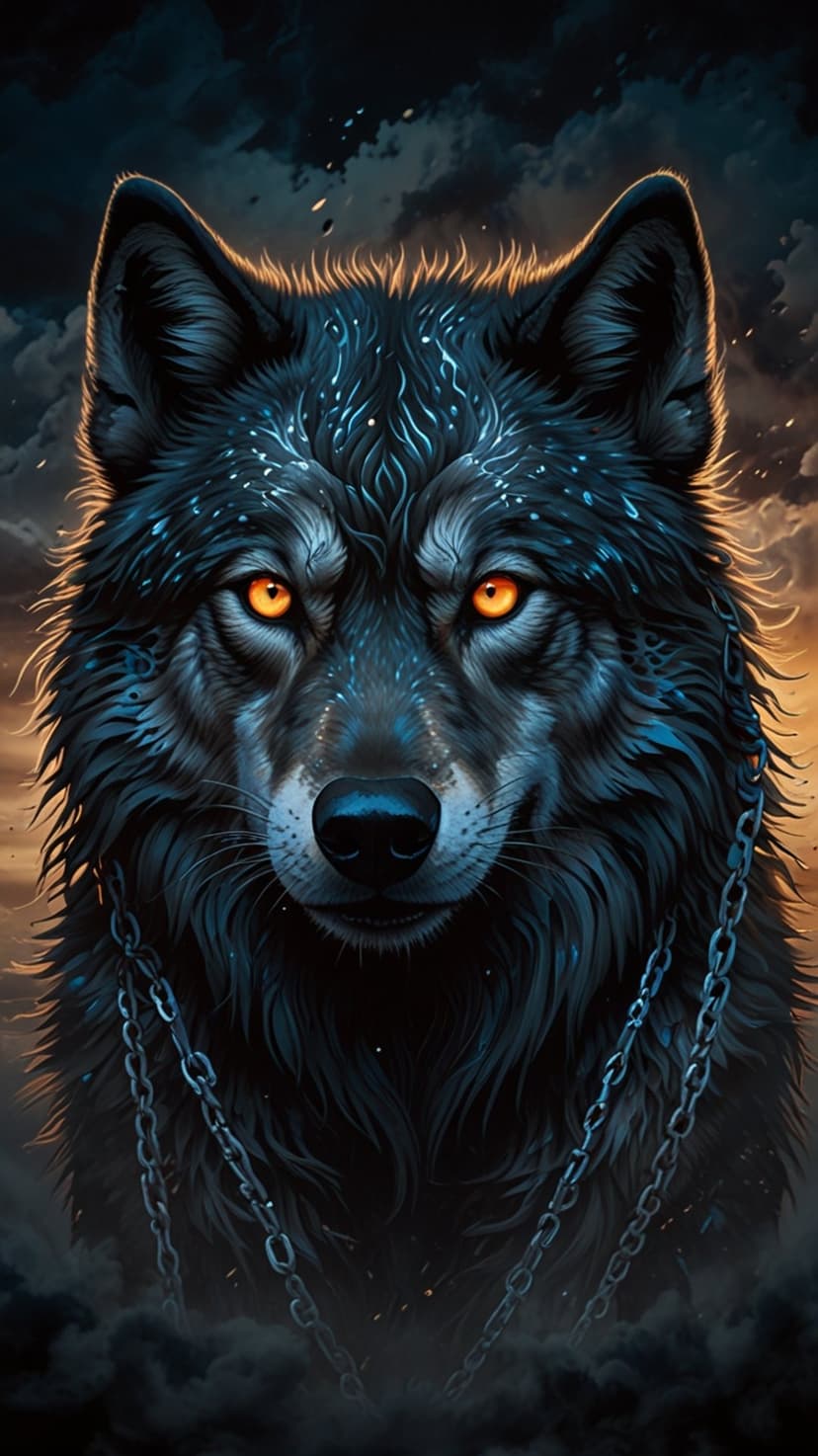 Black wolf with glowing orange eyes, blue forehead markings, and heavy chains against a stormy sunset sky.