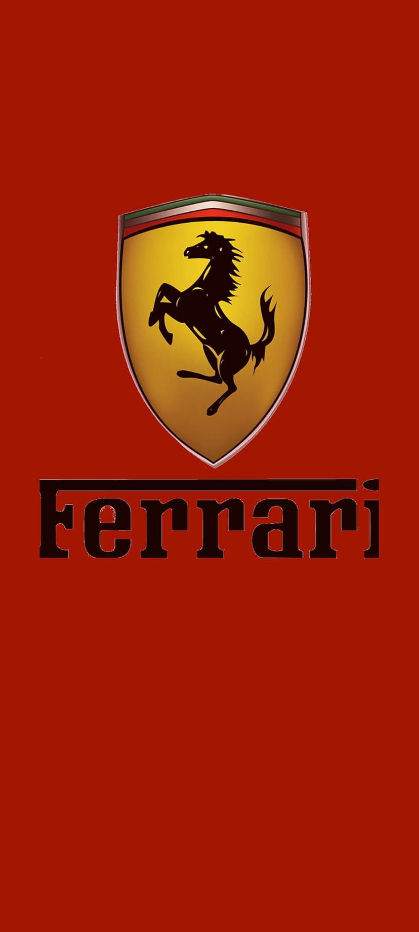 Black rearing stallion on a yellow crest with bold text centered over a vibrant red portrait background.