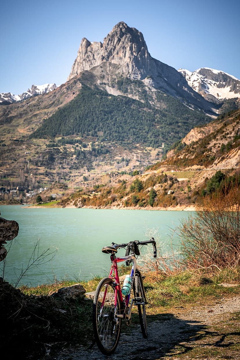 Red road bike parked on a grassy trail with a turquoise alpine lake and sharp mountain peak in the background.