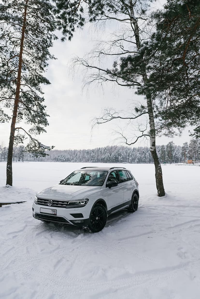 White Volkswagen Tiguan SUV parked on a snow-covered bank beside a frozen lake and pine trees under cloudy skies.