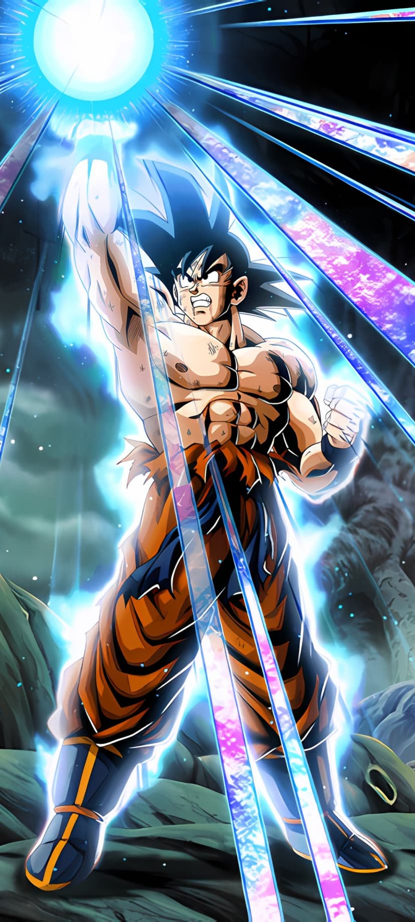Goku channels a massive blue energy wave between his hands while surrounded by a glowing cyan aura light.