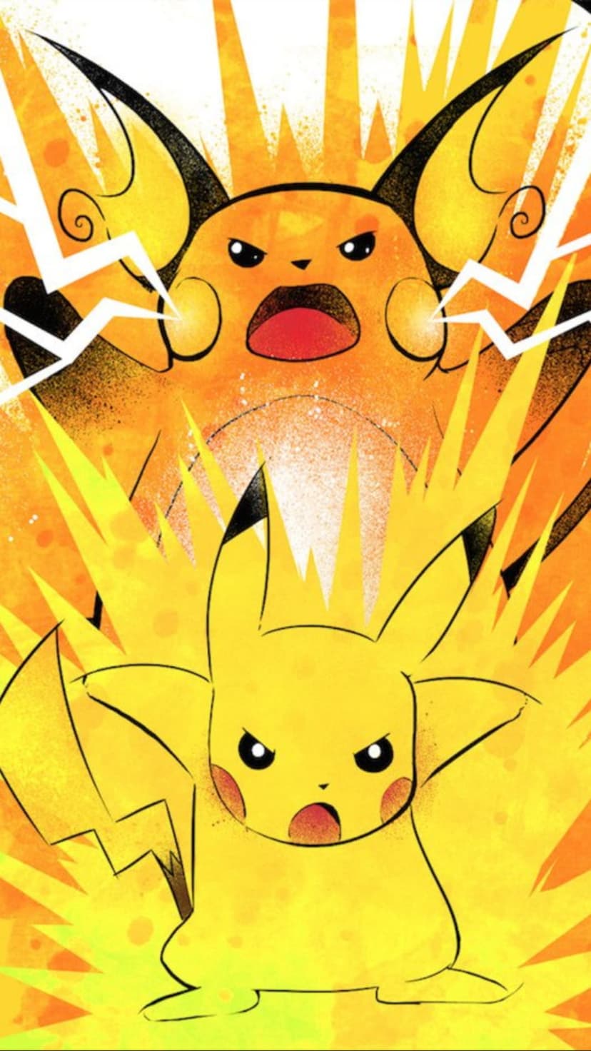 Pikachu and Raichu stand amidst jagged yellow lightning bolts and glowing electrical sparks in a dark space.