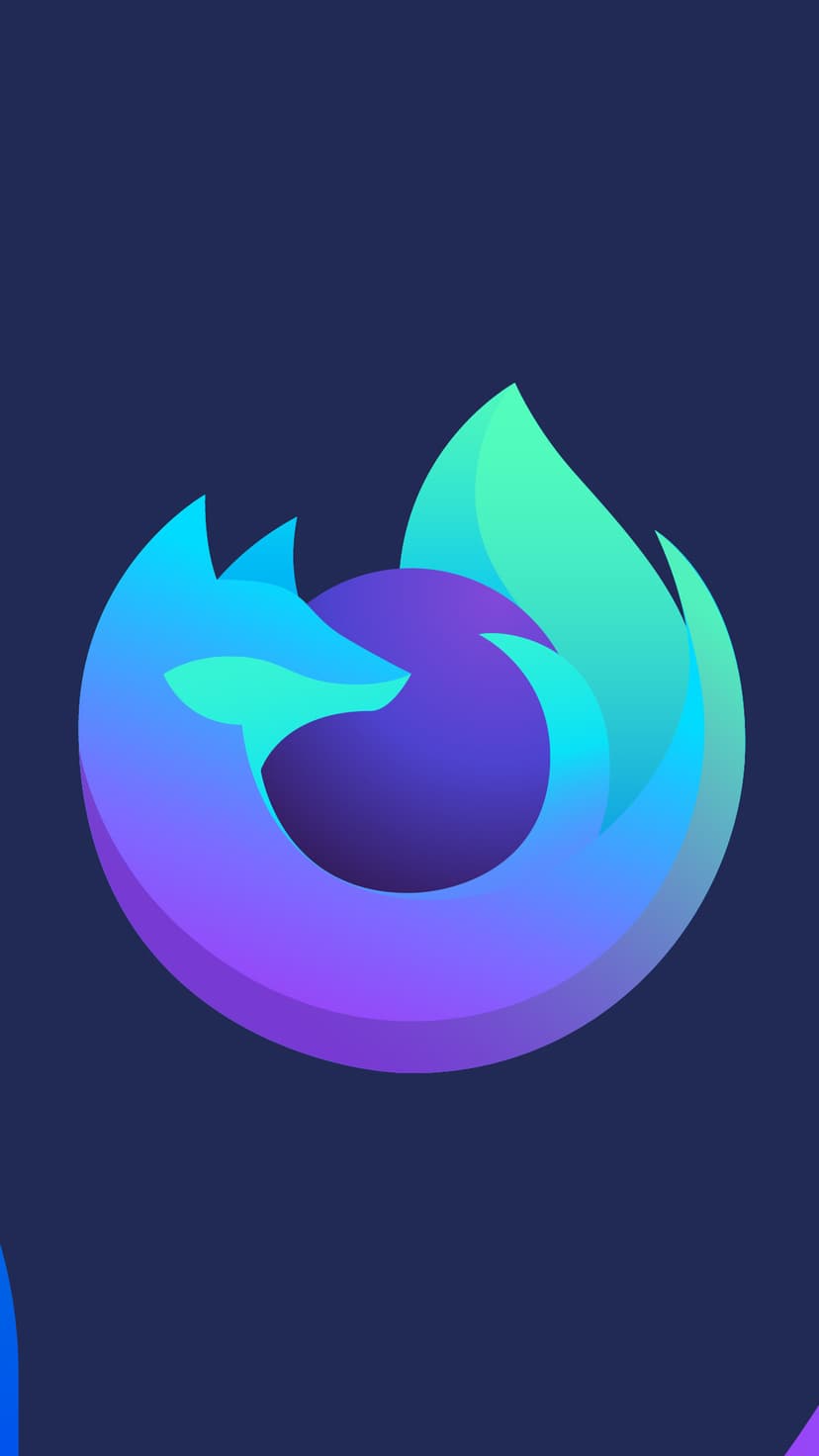 Firefox logo featuring a teal and indigo gradient fox wrapping around a saturated purple globe on black.