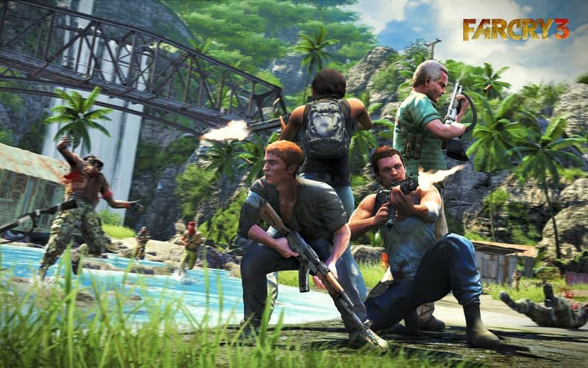 Four armed characters in a tropical jungle firefight with muzzle flashes, a waterfall, and a bridge.