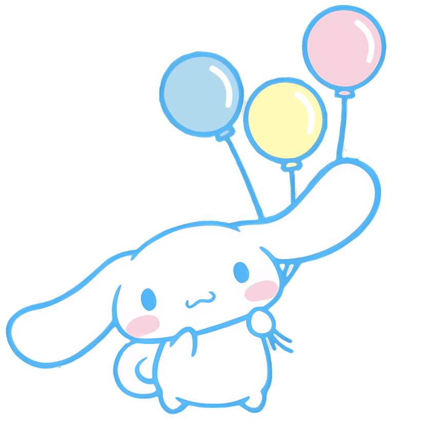 White rabbit character holding balloons features pink cheeks and blue eyes against a transparent background.