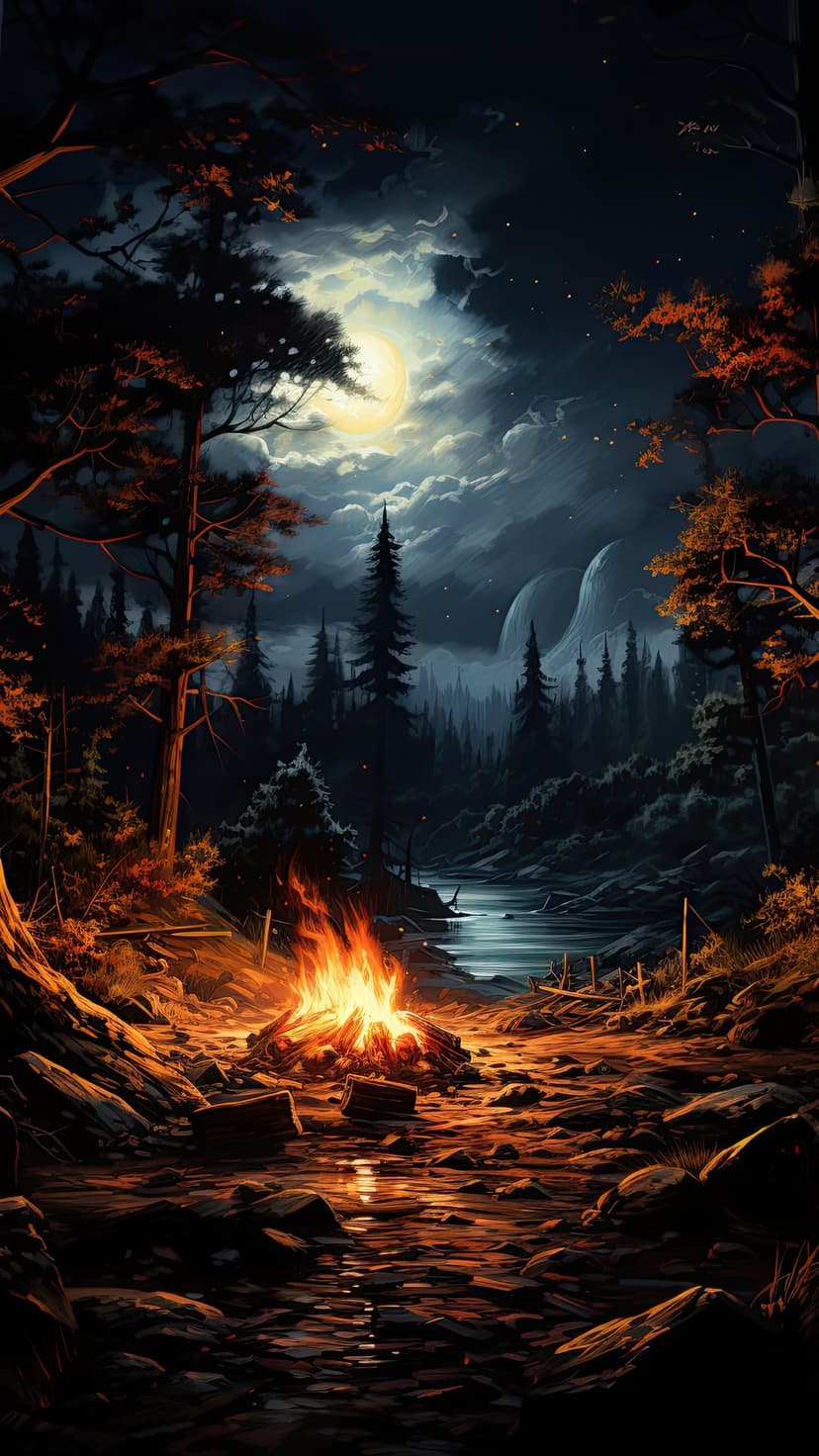 Glowing campfire and rocky stream reflect silver moonlight under a cloudy sky and distant pine forest peaks.