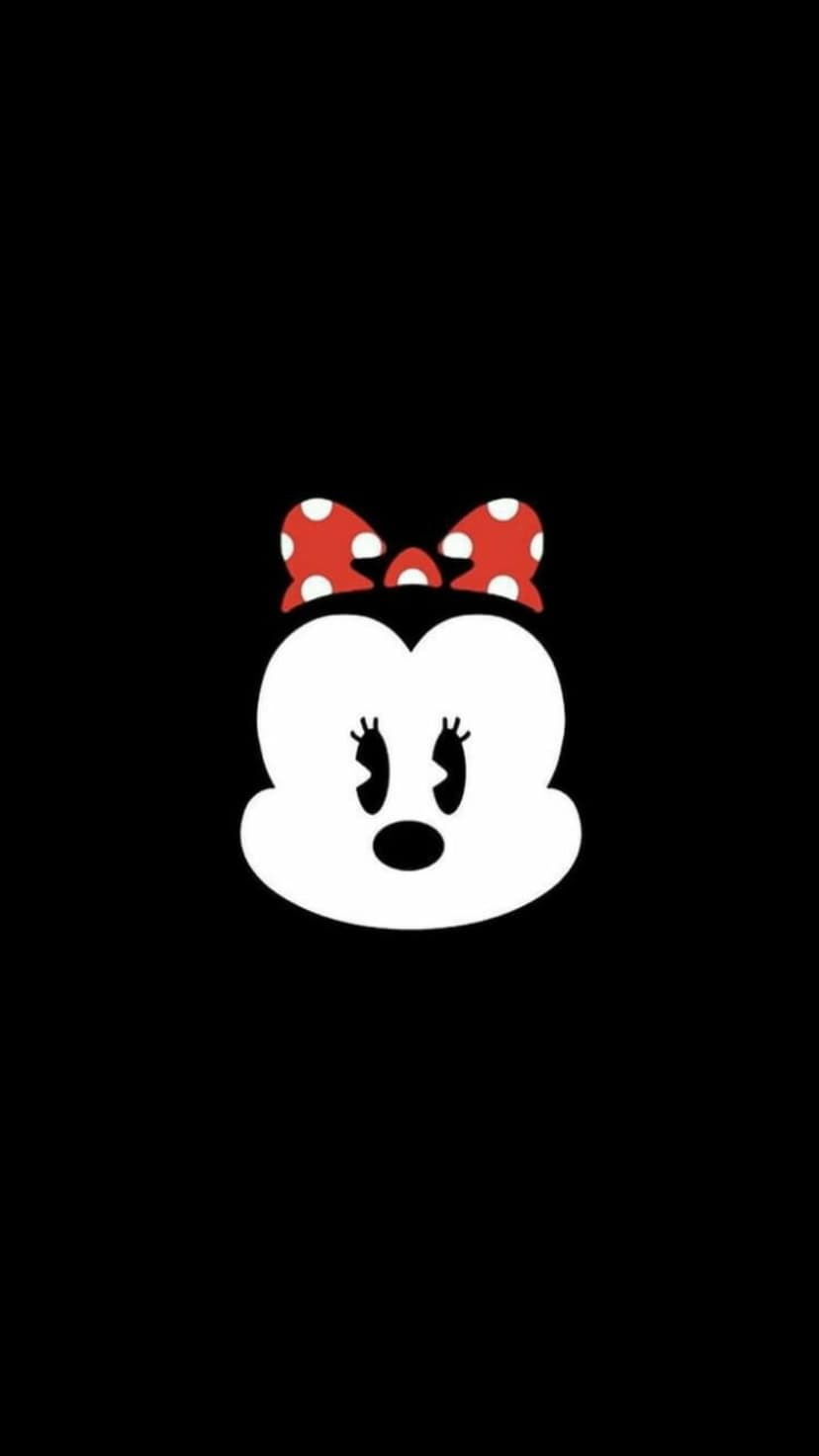 Minnie Mouse with a red and white polka dot bow set against a solid black background in a minimalist style.
