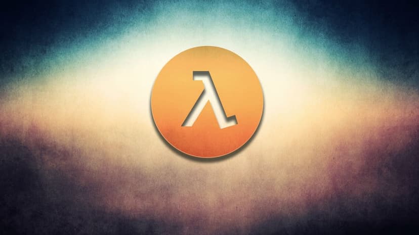 Orange lambda logo in a circle over a textured teal, cream, and purple gradient with central lighting.