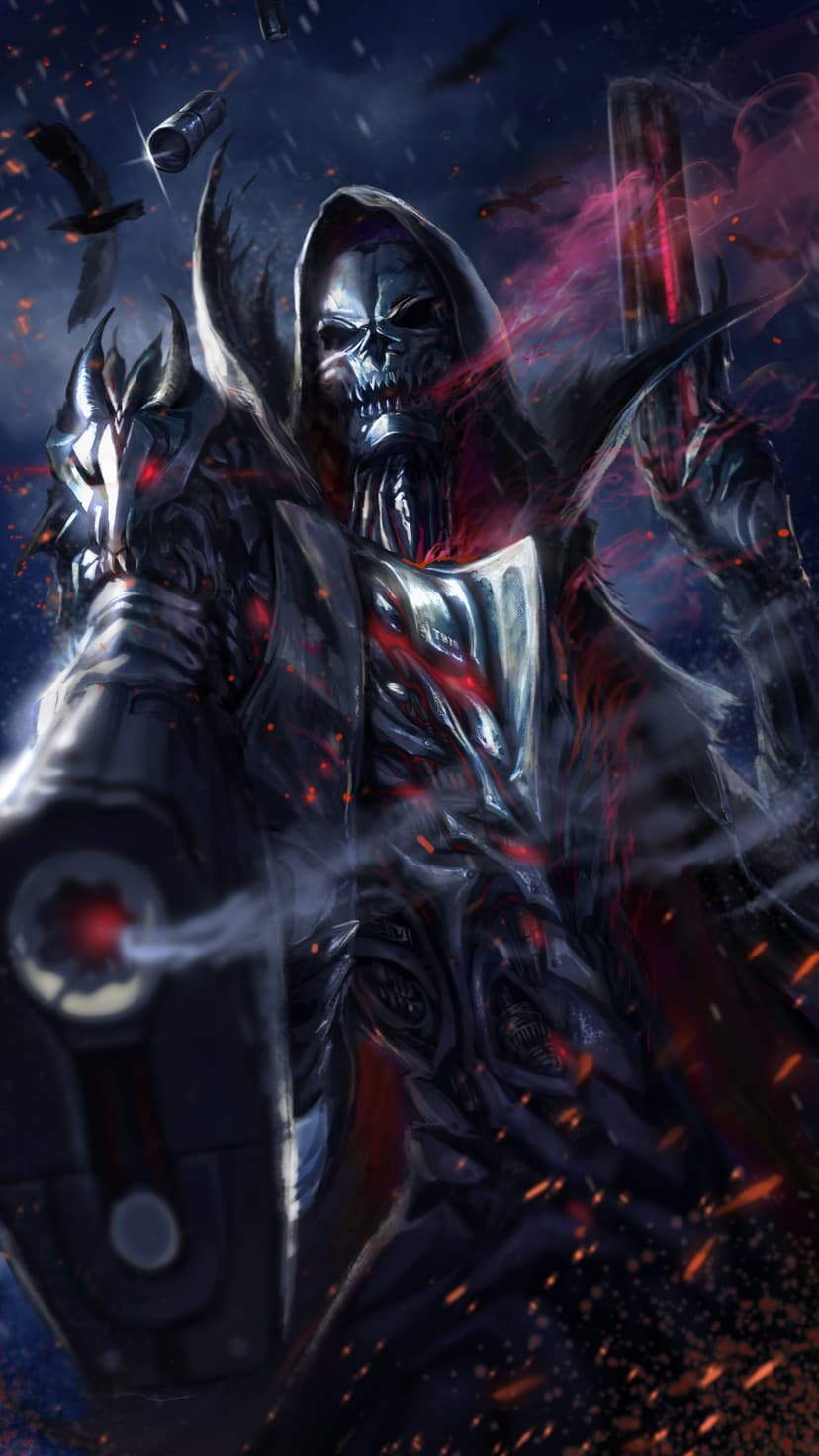 Armored reaper knight holding a sword and shield amidst swirling fire, black crows, and a dark stormy sky.