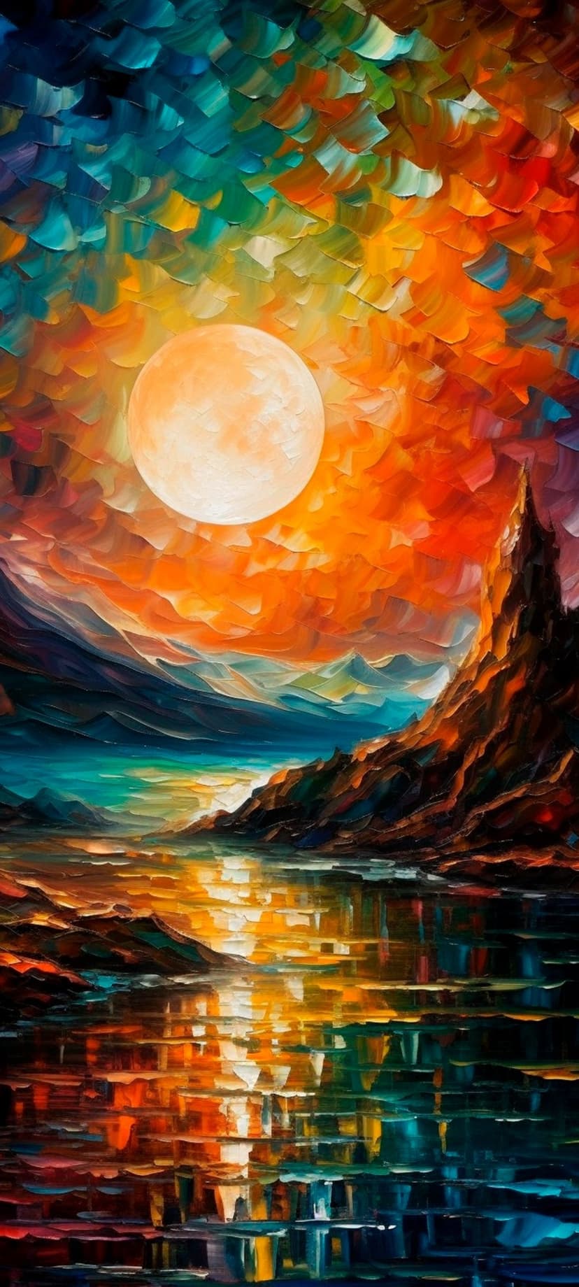 Full moon shining over jagged orange mountains and a still lake reflecting a fiery red and yellow night sky.