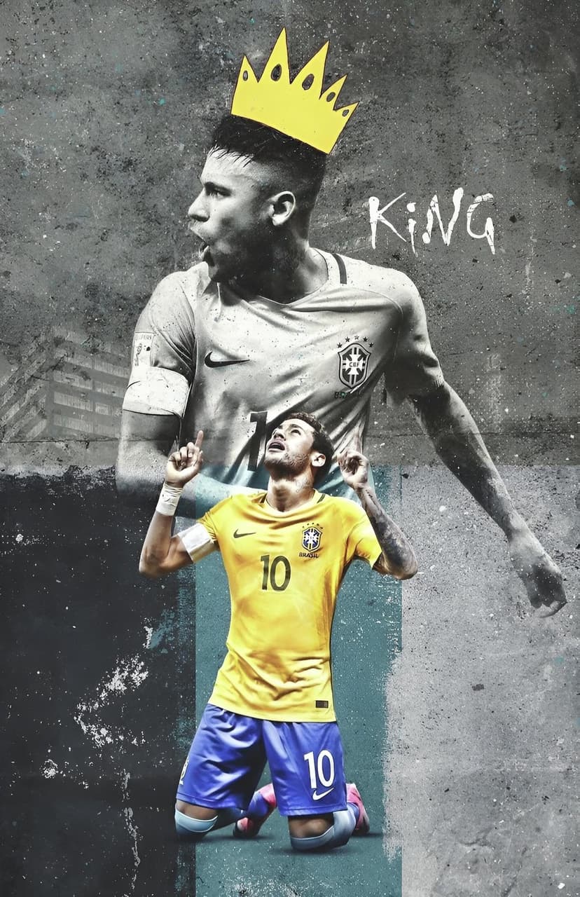 Neymar Jr wears a golden crown and yellow Brazil jersey next to bold king text in a vertical sports layout.